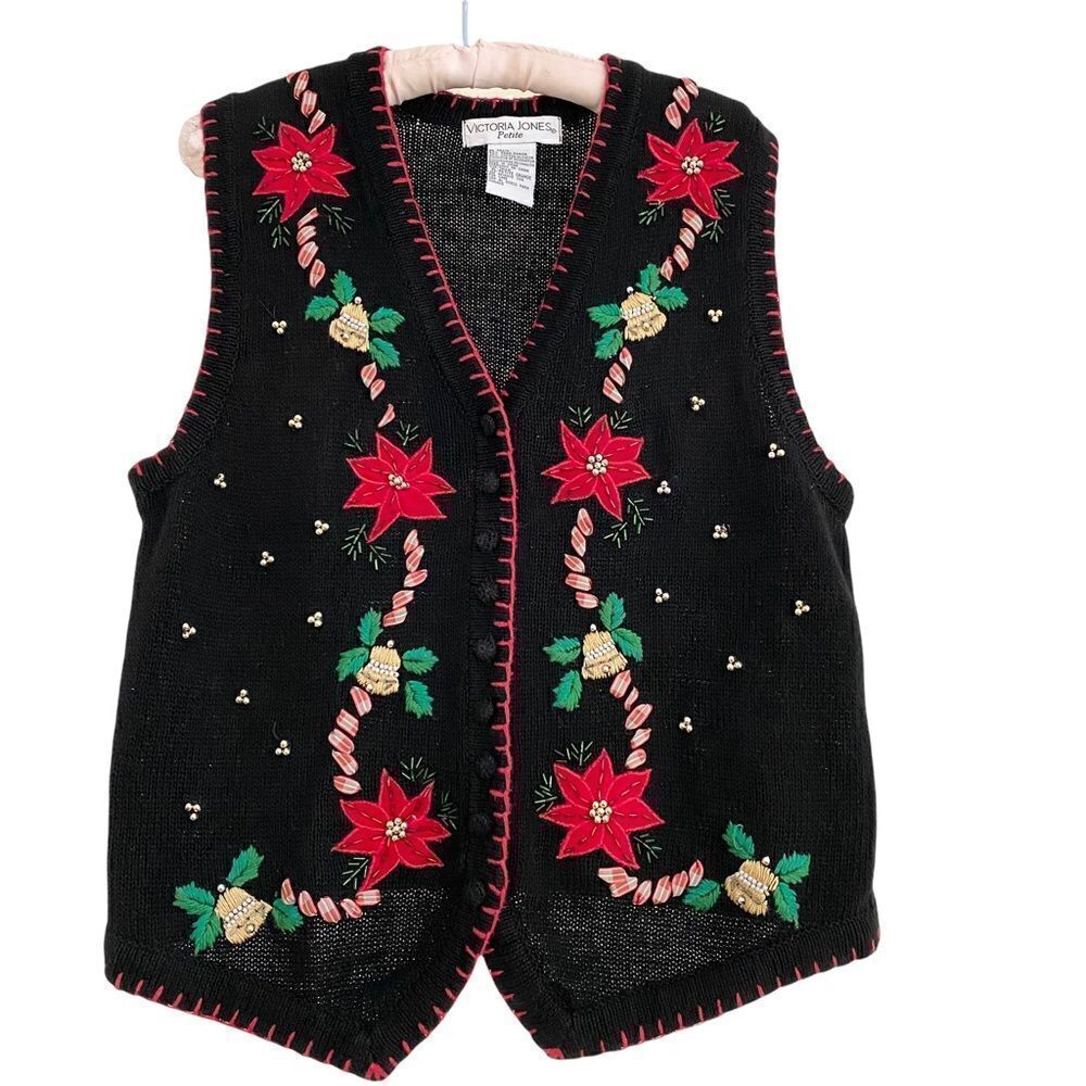 Vintage Victoria Jones Petite Christmas Holiday Beaded Poinsettia Sweater Vest